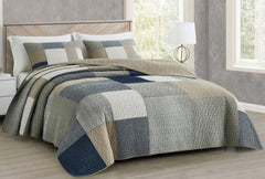 Chezmoi Collection Addy Patchwork Quilt Set bumbac pre-spălat, ușor, reversibil, pentru toate anotimpurile, supradimensionat, 3 piese, albastru marin, alb, gri, taupe, în carouri Plapumi si pilote Naty Shop Plaid Patchwork Taupe Oversized King