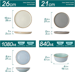 Geschirrset 6 Personen, vancasso RENO 24-tlg Steingut Teller Set Mix, Tafelservice mit je 6 Speiseteller, Dessertteller, Suppenteller, Müslischalen, Spülmaschinenfest & Mikrowellengeeignet, Mehrfarbig