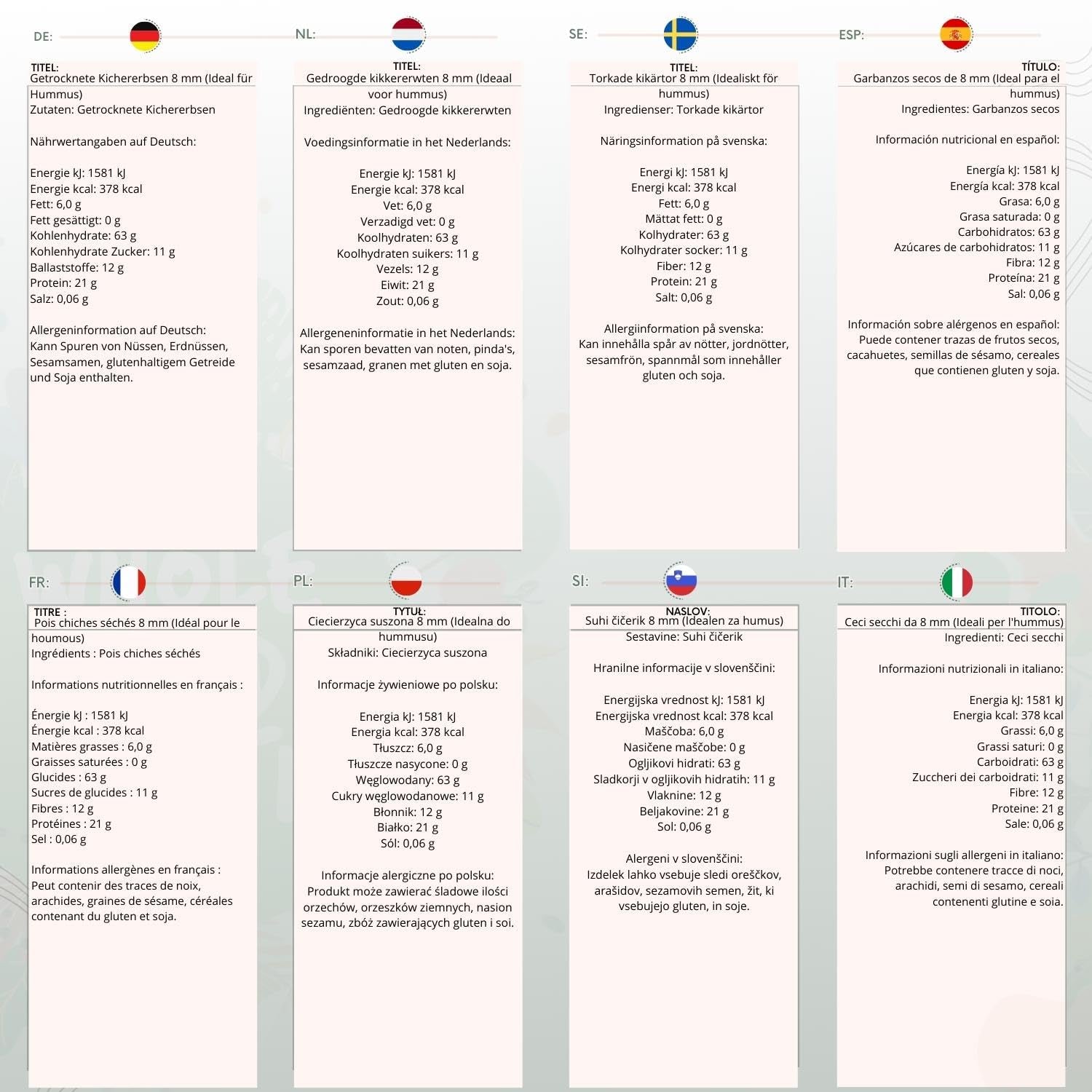 Teljes élelmiszerű földi csicseriborsó, 8 mm (ideális humuszhoz), nem GMO, természetes, vegán, tejmentes, hozzáadott cukor nélkül, 2 kg