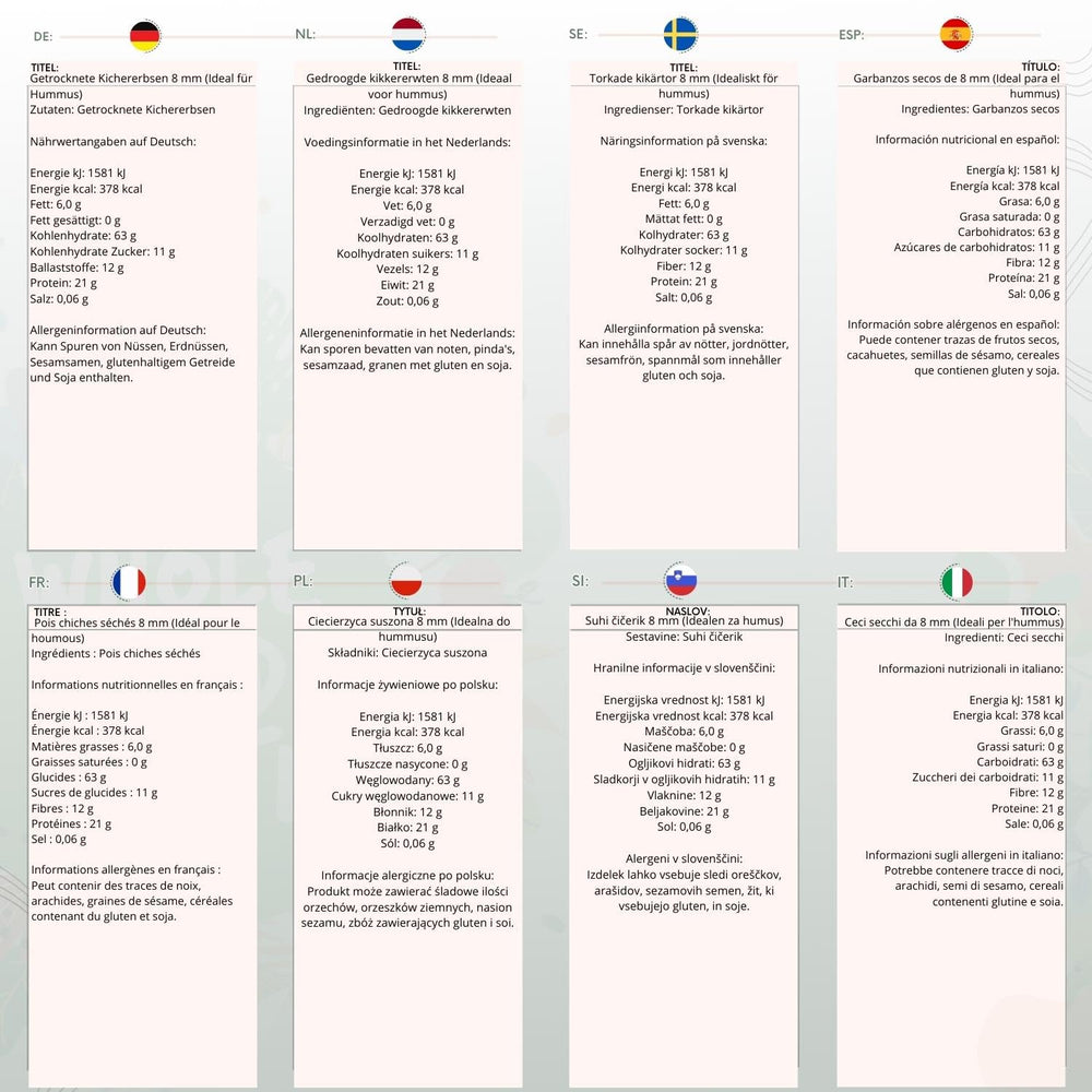 Teljes élelmiszerű földi csicseriborsó, 8 mm (ideális humuszhoz), nem GMO, természetes, vegán, tejmentes, hozzáadott cukor nélkül, 2 kg