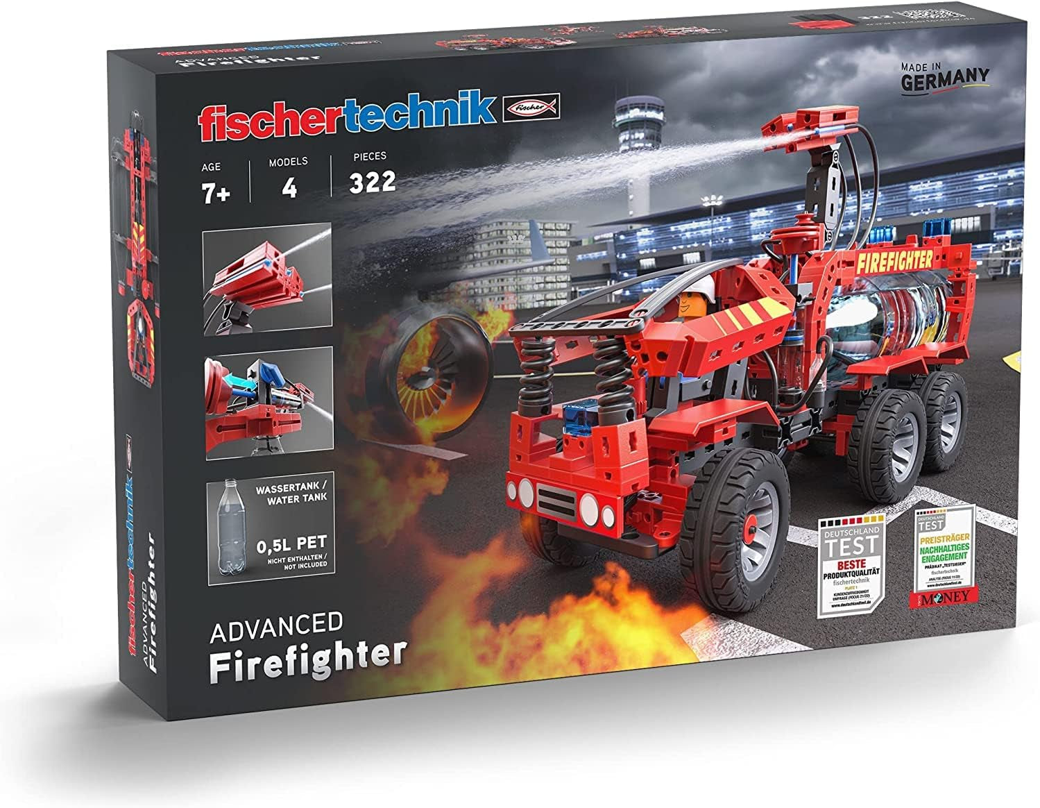 fischertechnik 564069 Advanced Firefighter – Bausatz für Kinder ab 7 Jahre, Experimentierbaukasten mit Feuerwehrauto & Spritzfunktion, elősegíti a műszaki megértést, Schwarz, Mittel