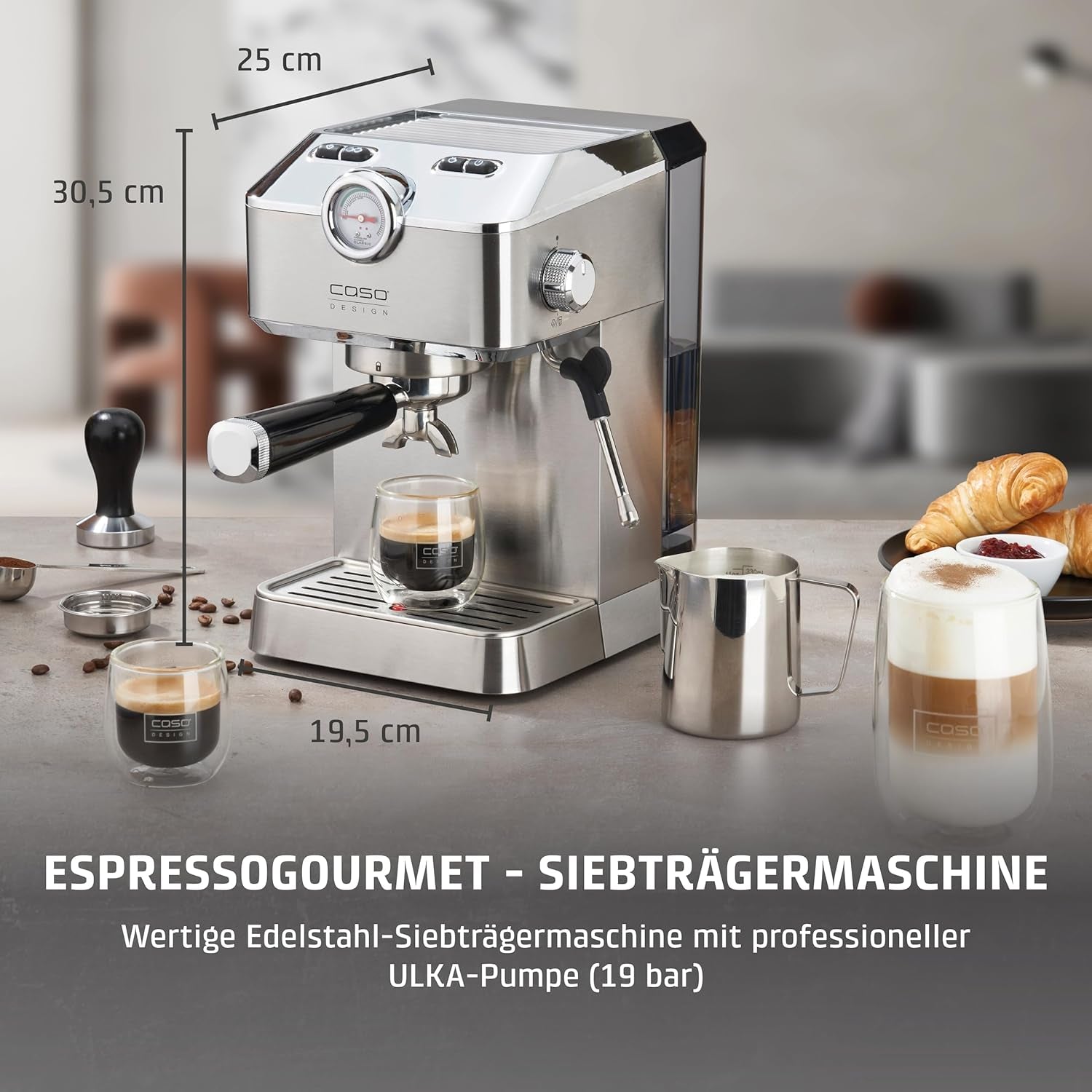 Caso Espresso Gourmet - Espressor portafiltru din oțel inoxidabil, pompă Ulka puternică de 19 bari, cu spumator de lapte, pentru cafea măcinată sau capsule de cafea ESE, pentru 2 cești, cu încălzitor de cești