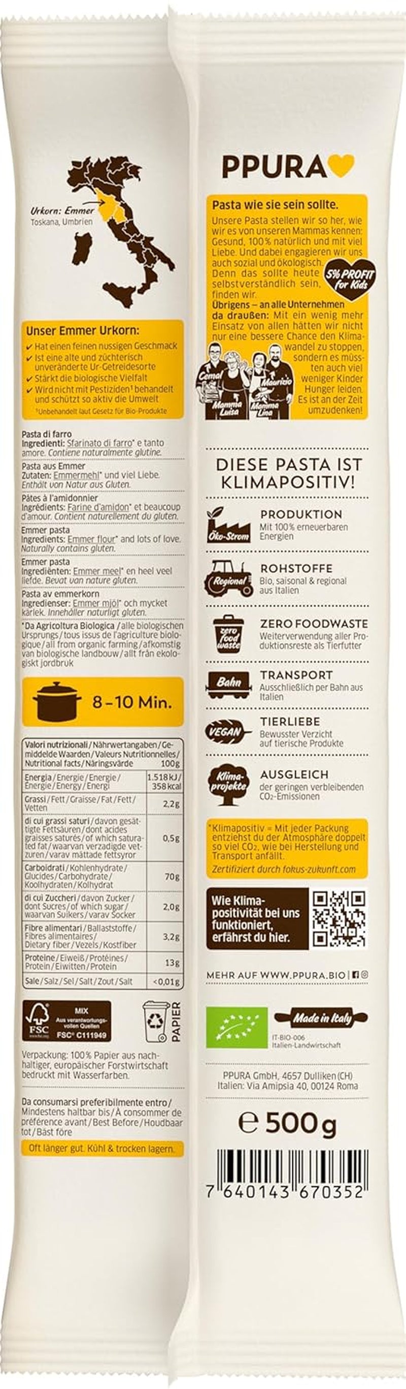 PPURA Organic Spaghetti Pasta Emmerrel 500g, 100%-ban természetes emmer spagetti, Olaszországban készült - Olasz tészta adalékanyagok, színezékek és tartósítószerek nélkül