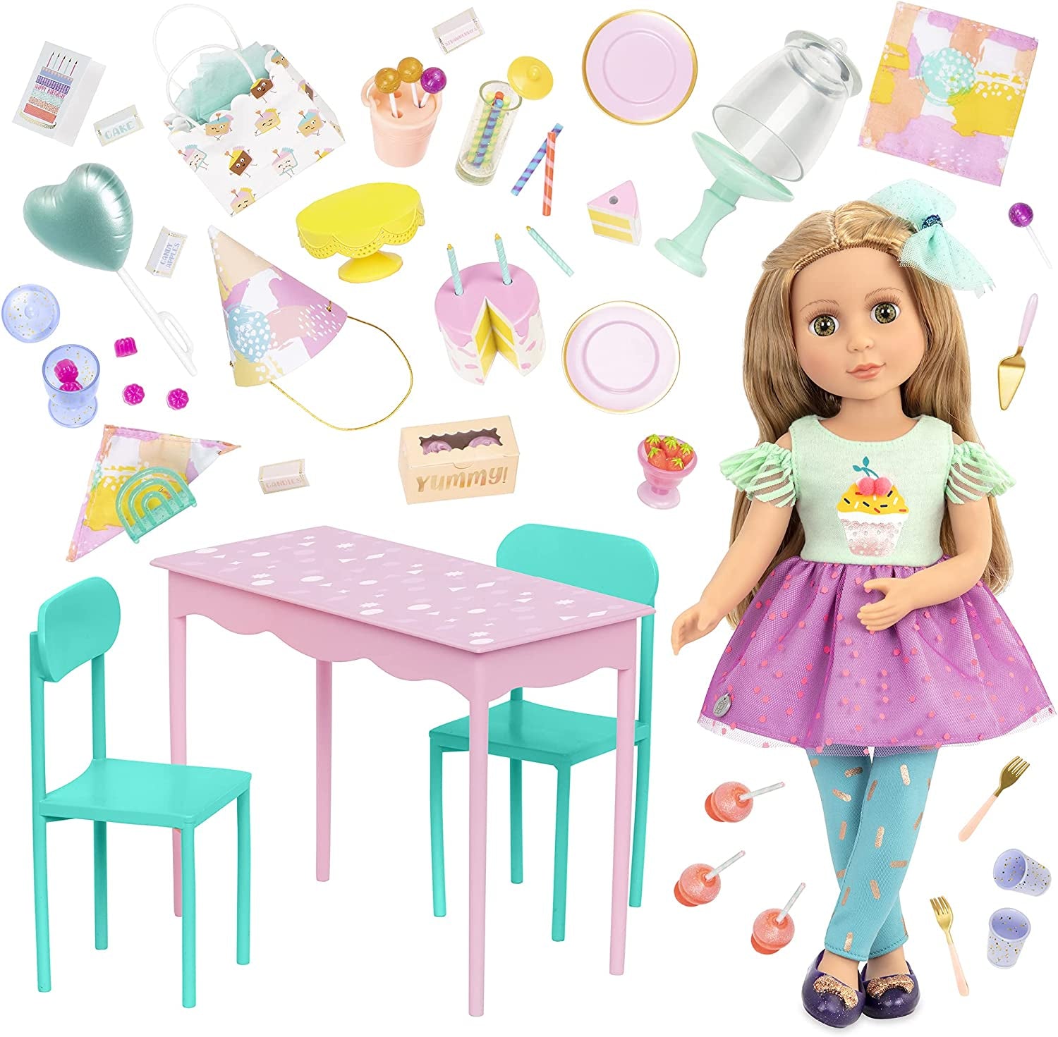 Glitter Girls - GG Surprise születésnapi parti szett és Sashka - Bewegliche 36 cm Puppe Sashka - Überraschungs-Geburtstagsparty-Szett - Tisch & Stühle Möbel - 3 Jahre +