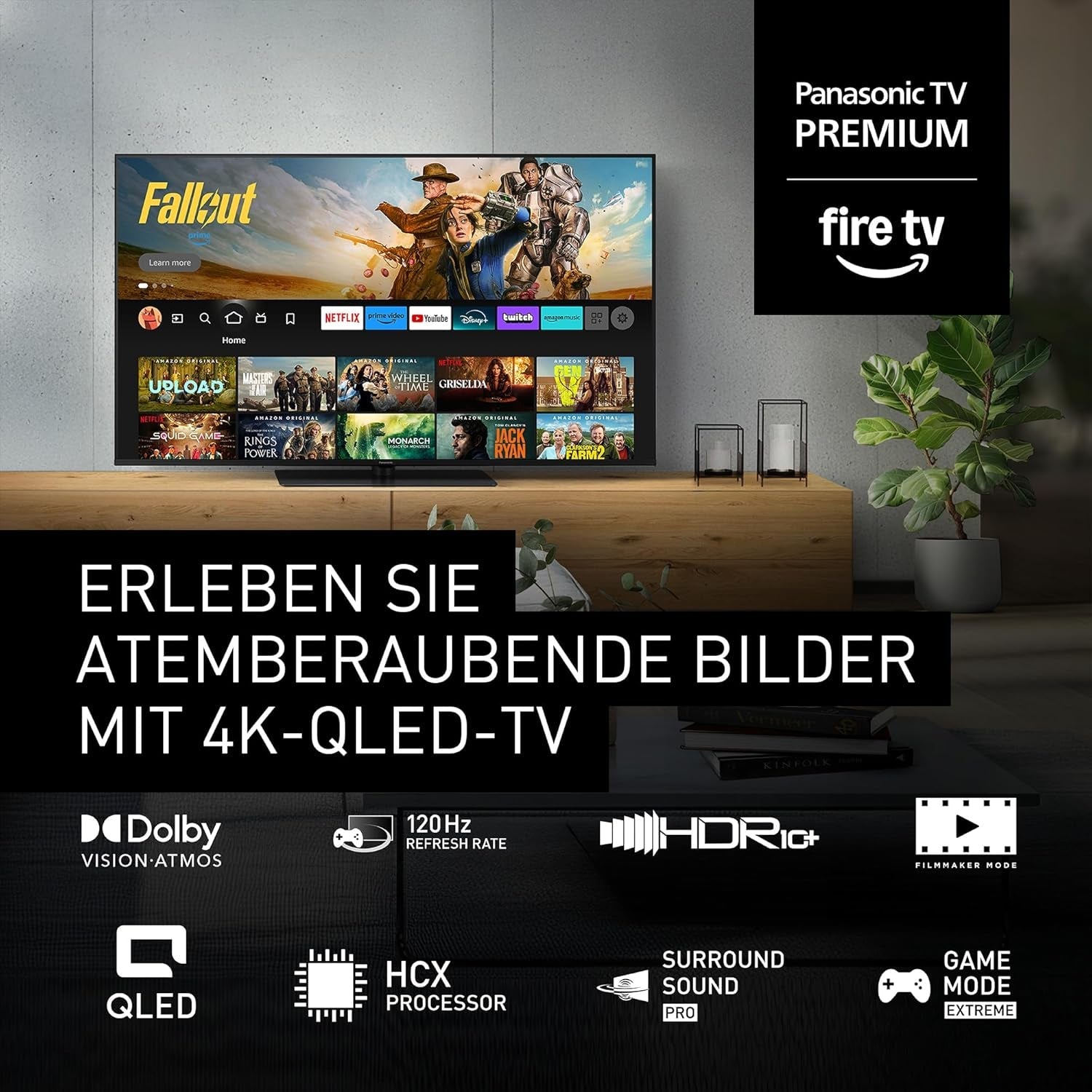 Televizor Panasonic Premium TV-50W85BEZ, seria W85B, 50 inch, televizor inteligent QLED 4K Ultra HD, 2025, 120 Hz, Fire TV, Dolby Vision și Atmos, mod Joc Extrem, Alexa, asistență Apple, Bluetooth, negru
