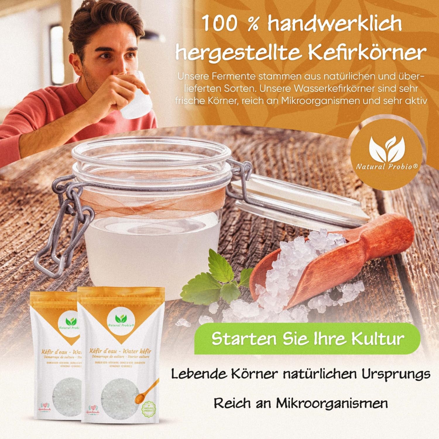 Natural Probio® Wasserkefir, Kefirpilz, Japankristalle, Kefirknollen, Starter Set + Anleitung, Rezept, Tipps, E-Book & Rezeptbibliothek + Kundenservice auf Lebenszeit (10g dehidratált/60g rehidratált)