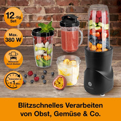 Smoothie Maker 12-Tlg | To-Go Deckel & 4 Mixbehälter | Für Obst, Gemüse & Nüsse | Mítosz Ice-Crush Funkció | Mini-állványkeverő Zum Mixen, Rühren, Zerkleinern, Mahlen, Hacken és Pürieren | BPA-mentes Kitchen Naty Shop
