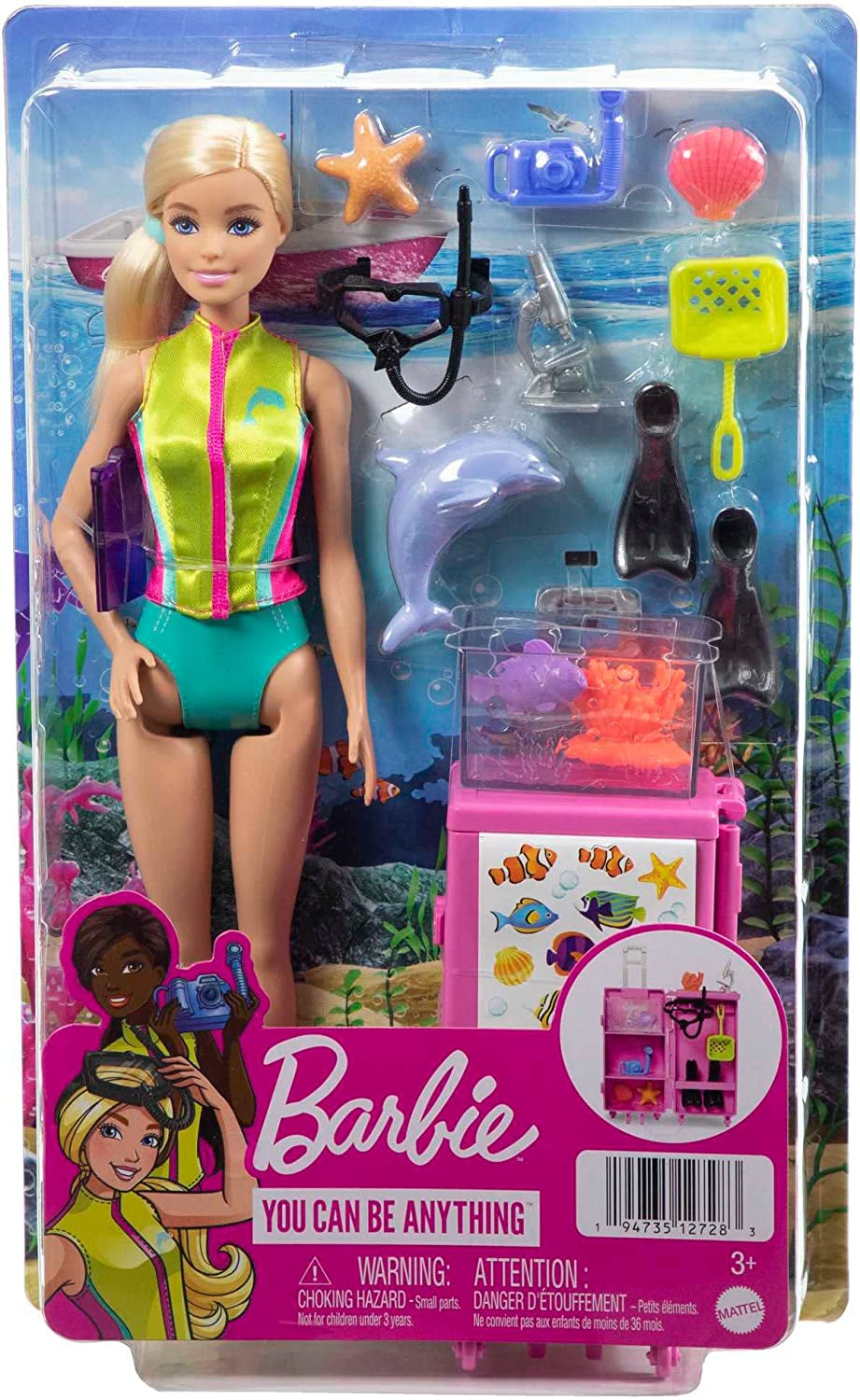 Barbie Seria You Can Be Anything, Biolog Marin, 1x Păpușă cu Păr Blond, Costum de baie, Delfin, Accesorii, Cadou pentru copii, Jucărie pentru vârste de 3 ani și peste, HMH26