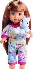 Simba Evi Love Pijama, 3-Fach Sortiert, es Wird nur EIN Artikel gelifert, Puppe in einem süßen Pijama mit Einhornkuscheltier, 12cm Spielpuppe, ab 3 Years