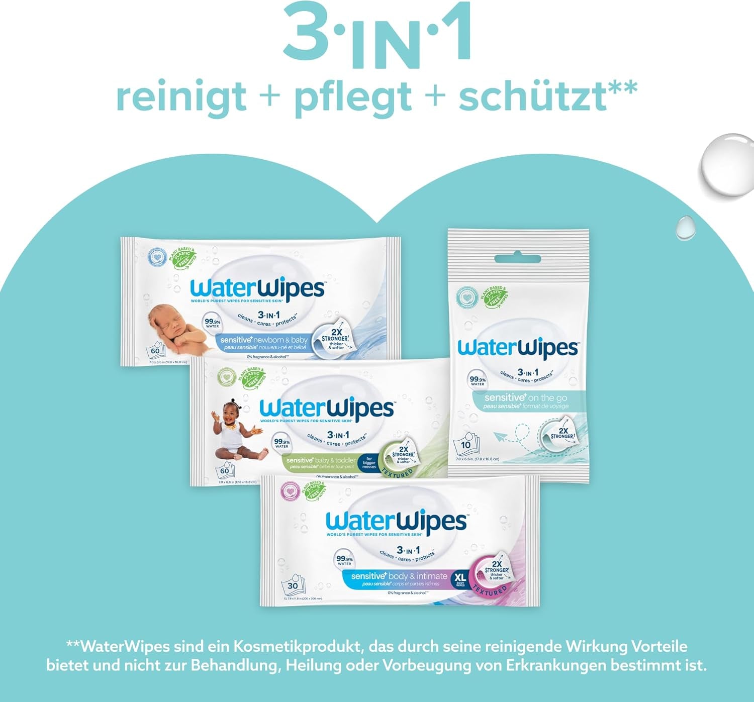 WaterWipes Sensitive+ On The Go nedves törlőkendők, 100 törlőkendő (10 csomag), 3 az 1-ben tisztít, ápol, véd, 99,9% víz, illatmentes törlőkendő