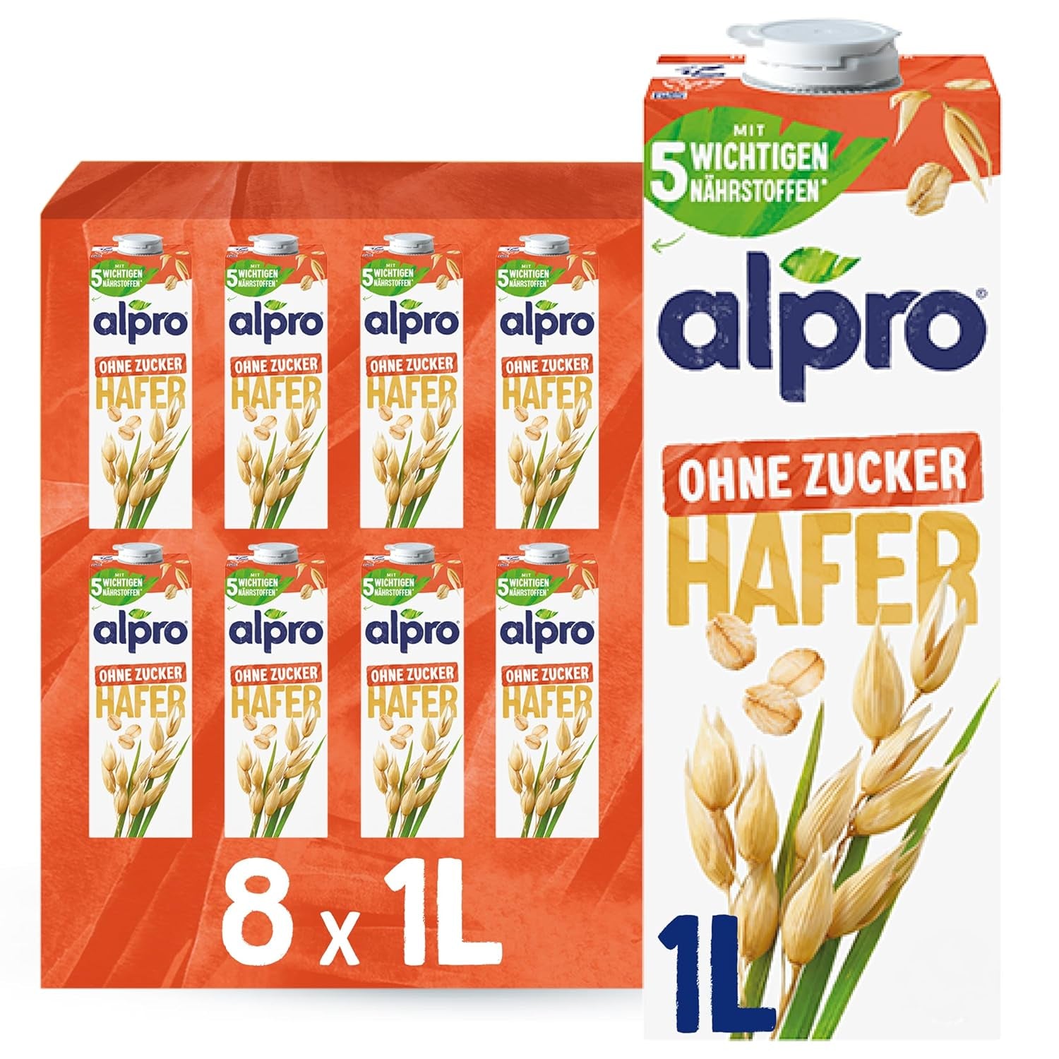 Alpro Haferdrink ohne Zucker – Milchalternative auf Haferbasis – Vegán és laktózefrei – Gazdag Ballaststoffen, Kalcium és Vitamin – 8 x 1 L