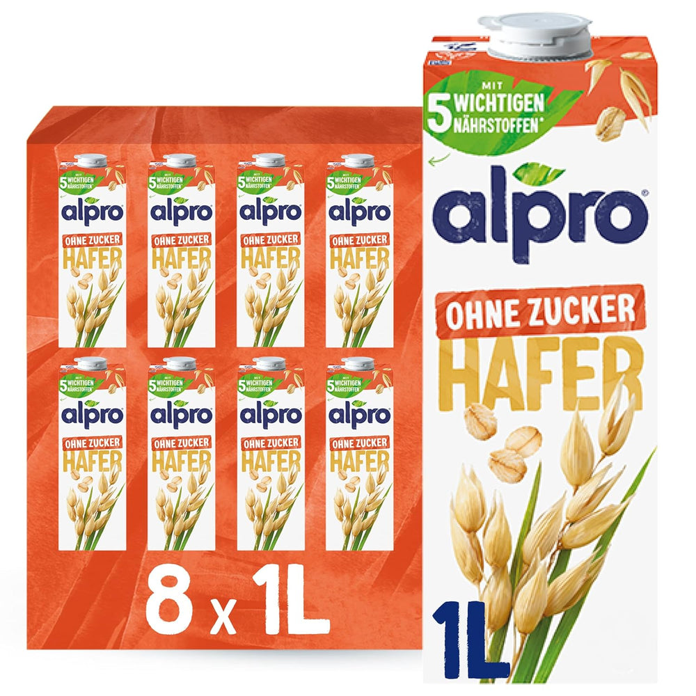 Alpro Haferdrink ohne Zucker – Milchalternative auf Haferbasis – Vegán és laktózefrei – Gazdag Ballaststoffen, Kalcium és Vitamin – 8 x 1 L
