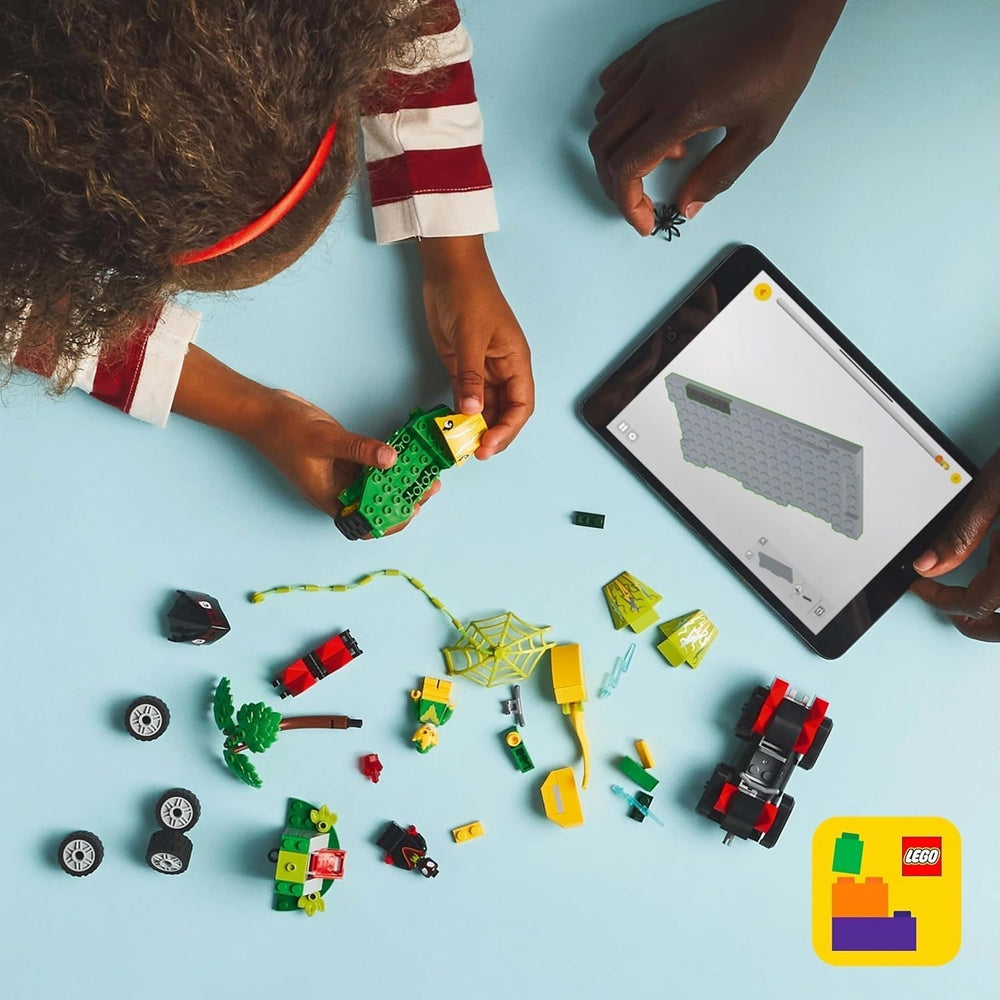 LEGO Marvel akciómóka pörgetéssel és elektróval a dínó gyorsítókban, megépíthető szuperhősautó fiúknak és lányoknak 4 éves kortól, hőskészlet játékautóval, pók és szuperbarátai 11198 építőkészletek Beuche den LEGO-Store