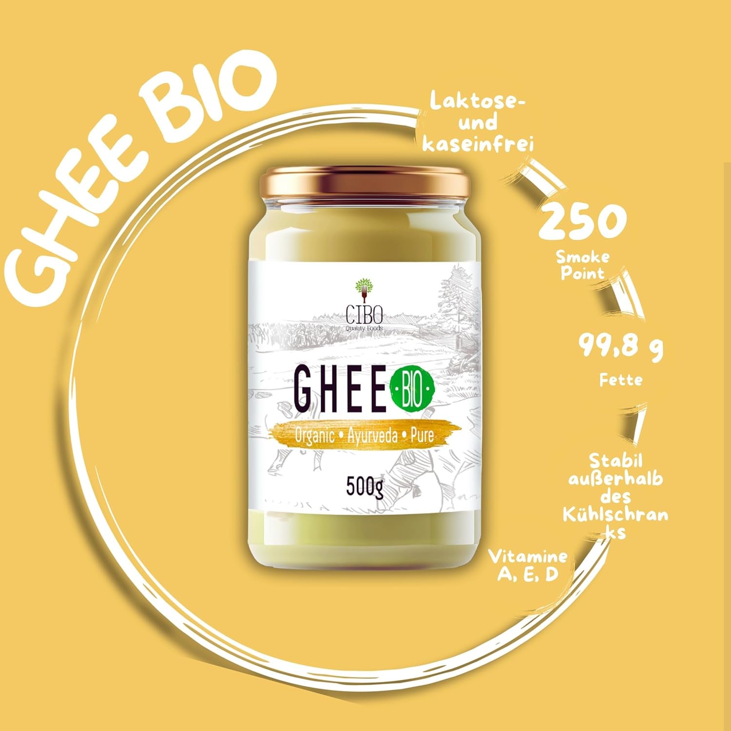 Cibo Bio Ghee 500g – Milch aus Parma und Reggio Emilia – Hergestellt in Italien – Weidekühe – Rauchpunkt 250°C – Aus Centrifugensahne