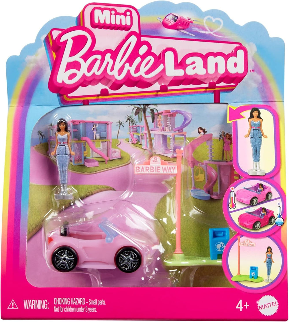 Barbie Mini BarbieLand Puppen- und Spielzeugfahrzeug-Sets, 1,5-Zoll-Puppe und ikonisches Spielzeugfahrzeug mit Farbwechsel-Überraschung, HYF40