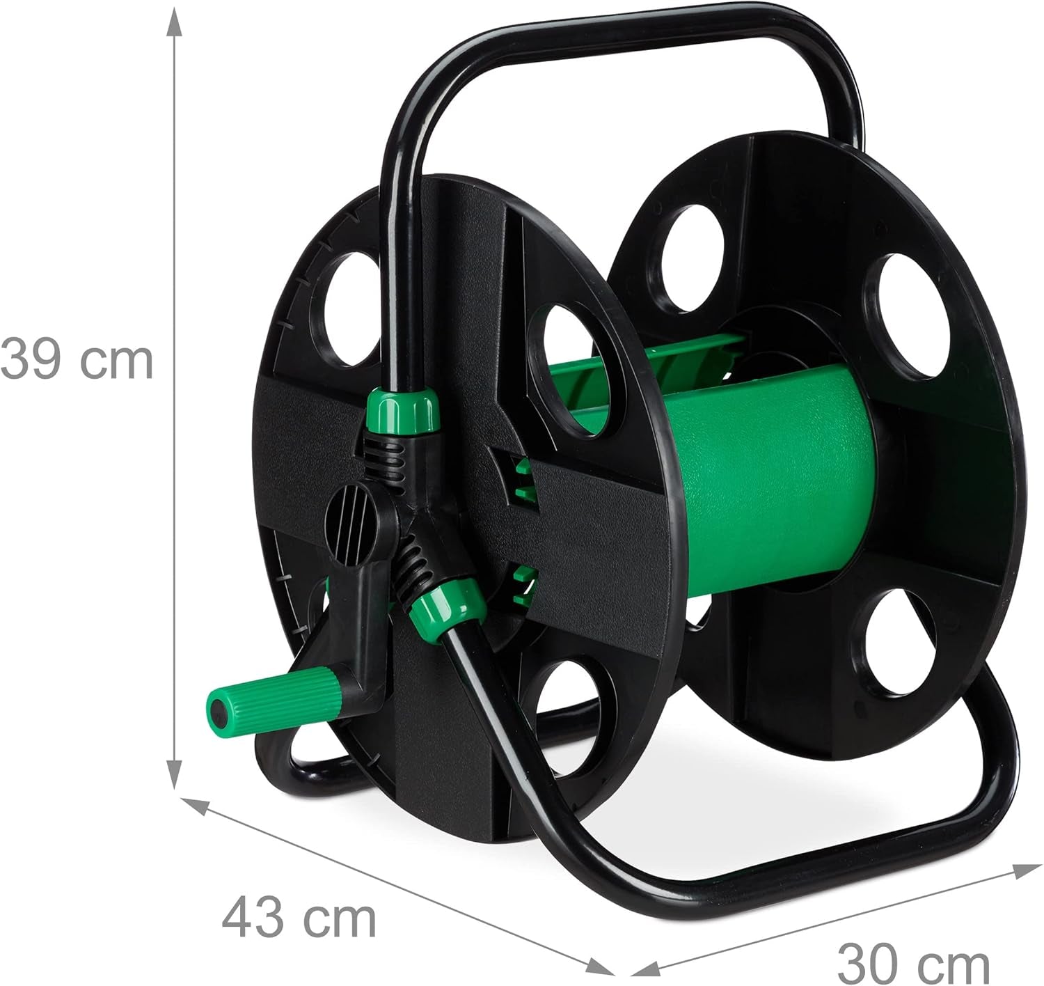 Rolă de furtun Relaxdays, înfășurare furtun de apă goală, pentru furtun de grădină de 30 m 1/2", înălțime-lățime 39 x 43 x 30 cm, negru-verde