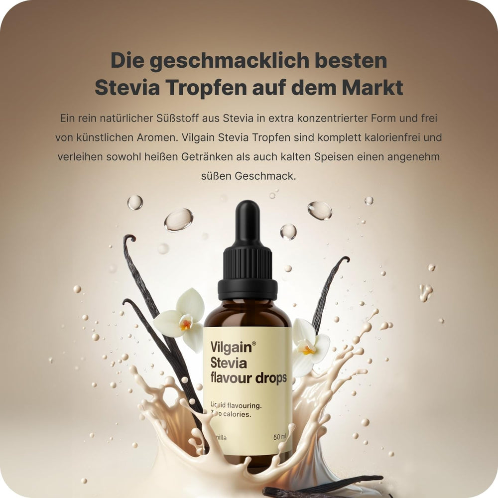 Vilgain Stevia Drops – Natürlicher Kalorienfreier Süßstoff, 5 Geschmacksrichtungen, Ideal Für Getränke, Backen & Diabetiker, Ohne Zucker, Hitzebeständig, Vegan & Ergiebig (50Ml, Vanille) Indulcitori Naty Shop