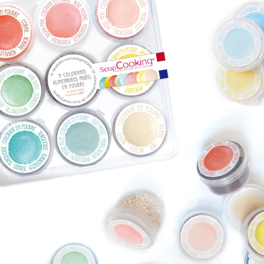 Scrapcooking - Set 9 coloranți alimentari pastel - Albastru, Galben, Coral, Roz, Turcoaz, Verde Lămâie, Alb, Verde Aqua, Roz pudră - Pudră colorantă comestibilă pentru prăjituri, brioșe, macarons - 4272