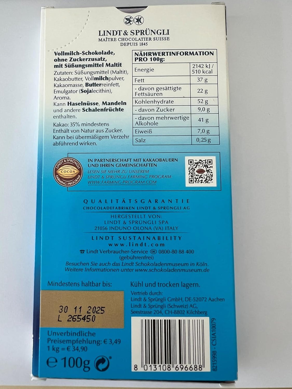 Lindt tejcsokoládé hozzáadott cukor nélkül | Rúd 100g | A legfinomabb és gluténmentes | Csokoládé ajándék