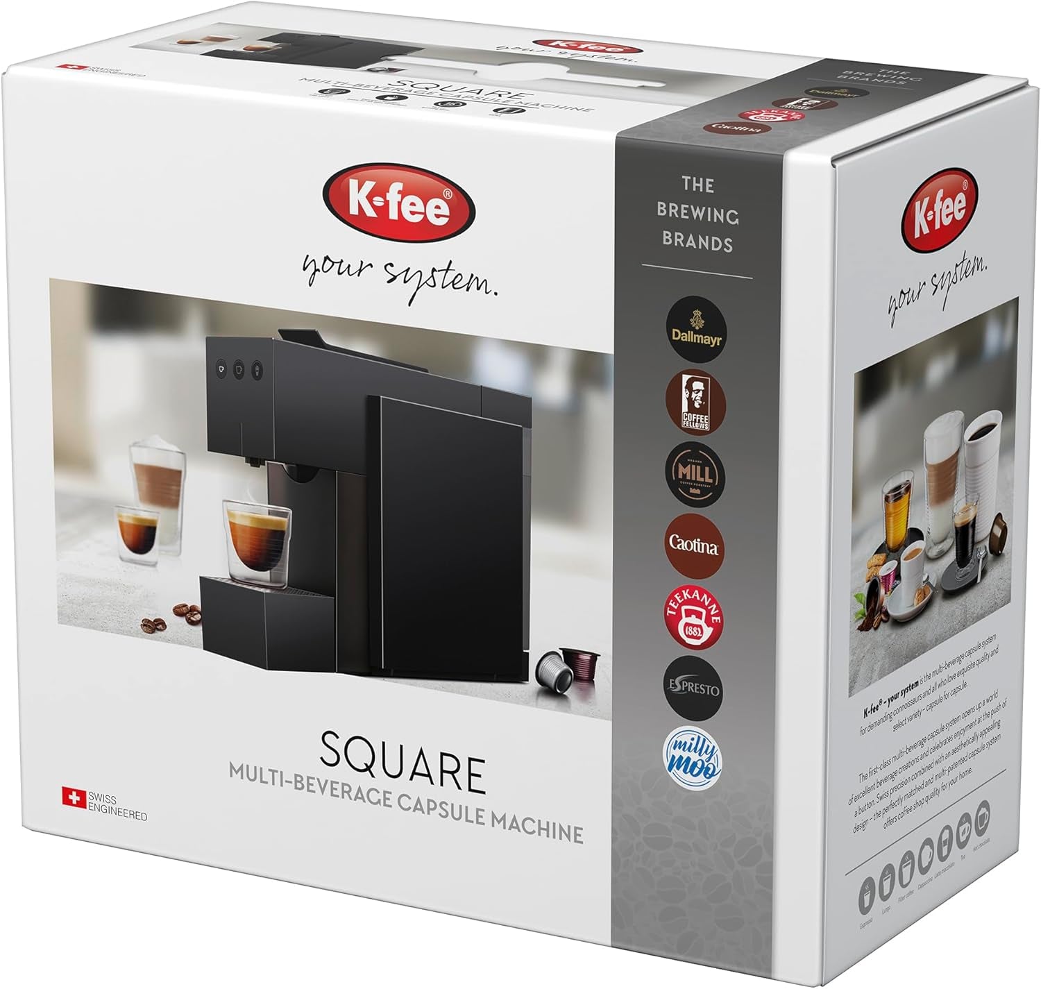 Espressor cu capsule K-FEE SQUARE pentru cafea, ceai și cacao | Espressor compact | Încălzire rapidă | Rezervor de apă de 0,8 l | 19 bar | Negru piano