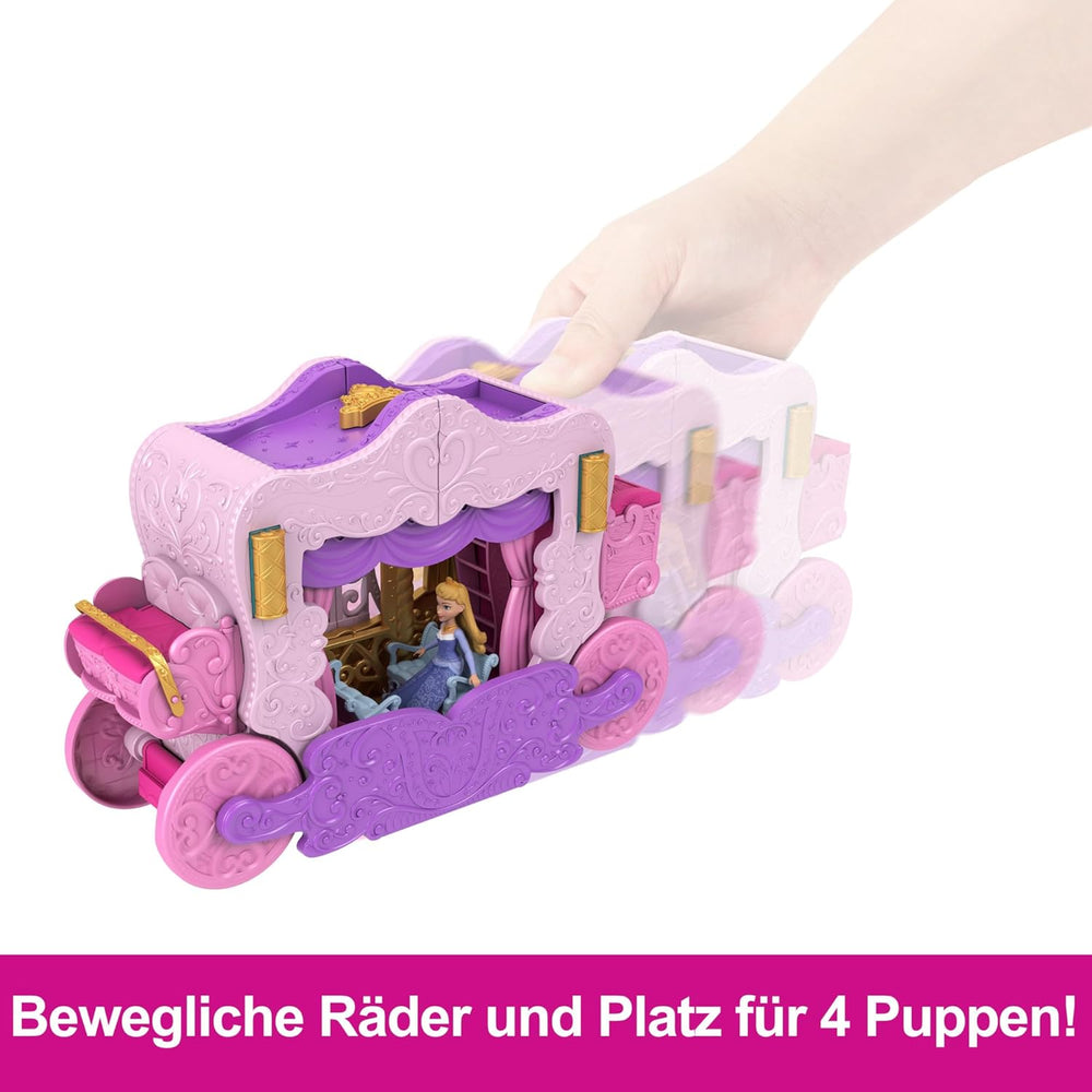 Mattel Disney Prinzessin Verwandlungs-Spielset Kutsche zu Schloss mit kleiner Puppe Aurora, 3 Ebenen, 6 Spielbereichen, 4 Figuren, Möbeln & Zubehör HWX17