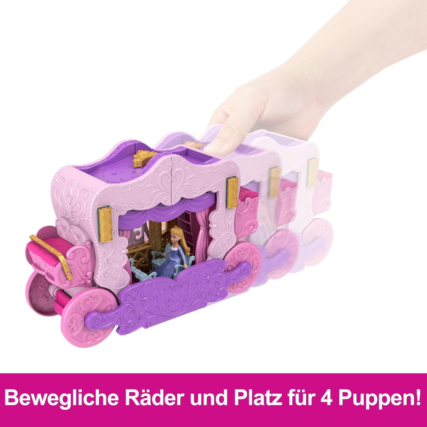 Mattel Disney Princess Transformation Playset Carriage to Castle cu păpușă mică Aurora, 3 niveluri, 6 zone de joacă, 4 figurine, mobilier și accesorii HWX17