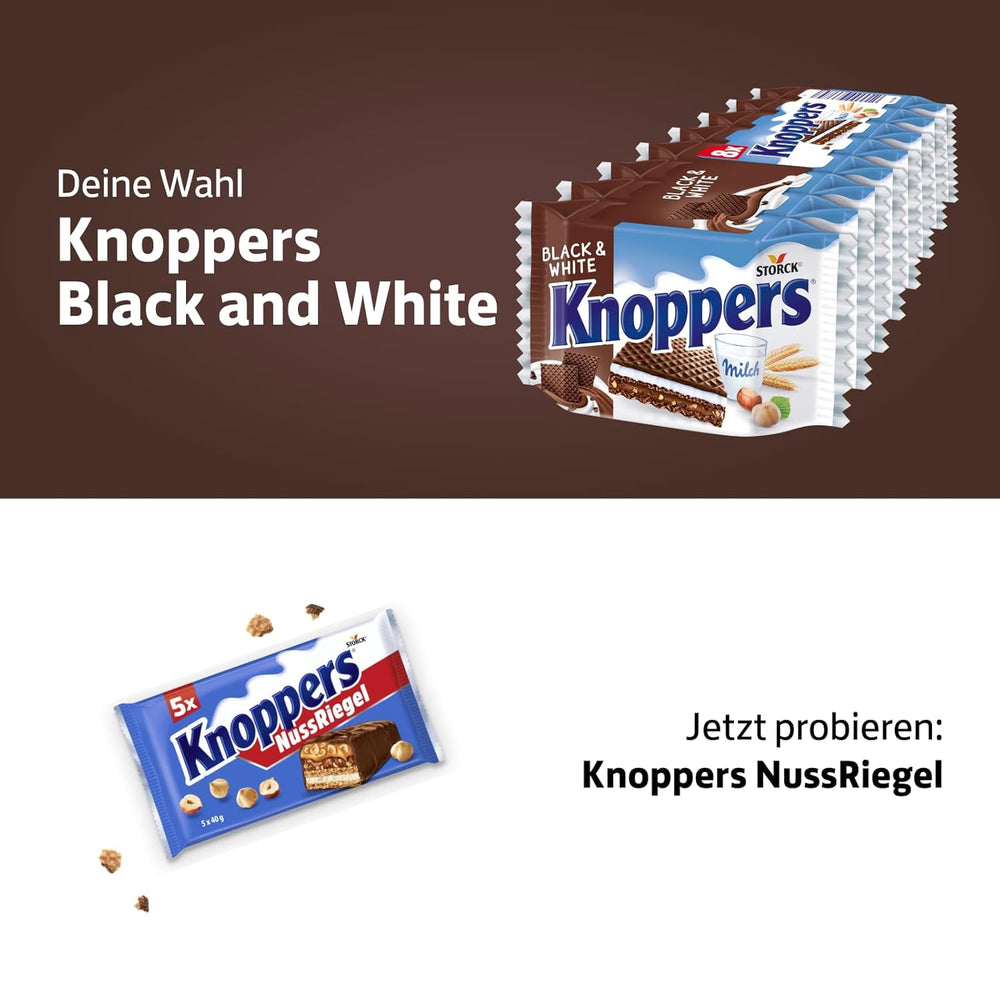 Fehér és fekete Knoppers – 8 x 25g – Sötétkakaós ostyával töltött ostyaszeletek, fekete kekszdarabok, tej és nugátkrém