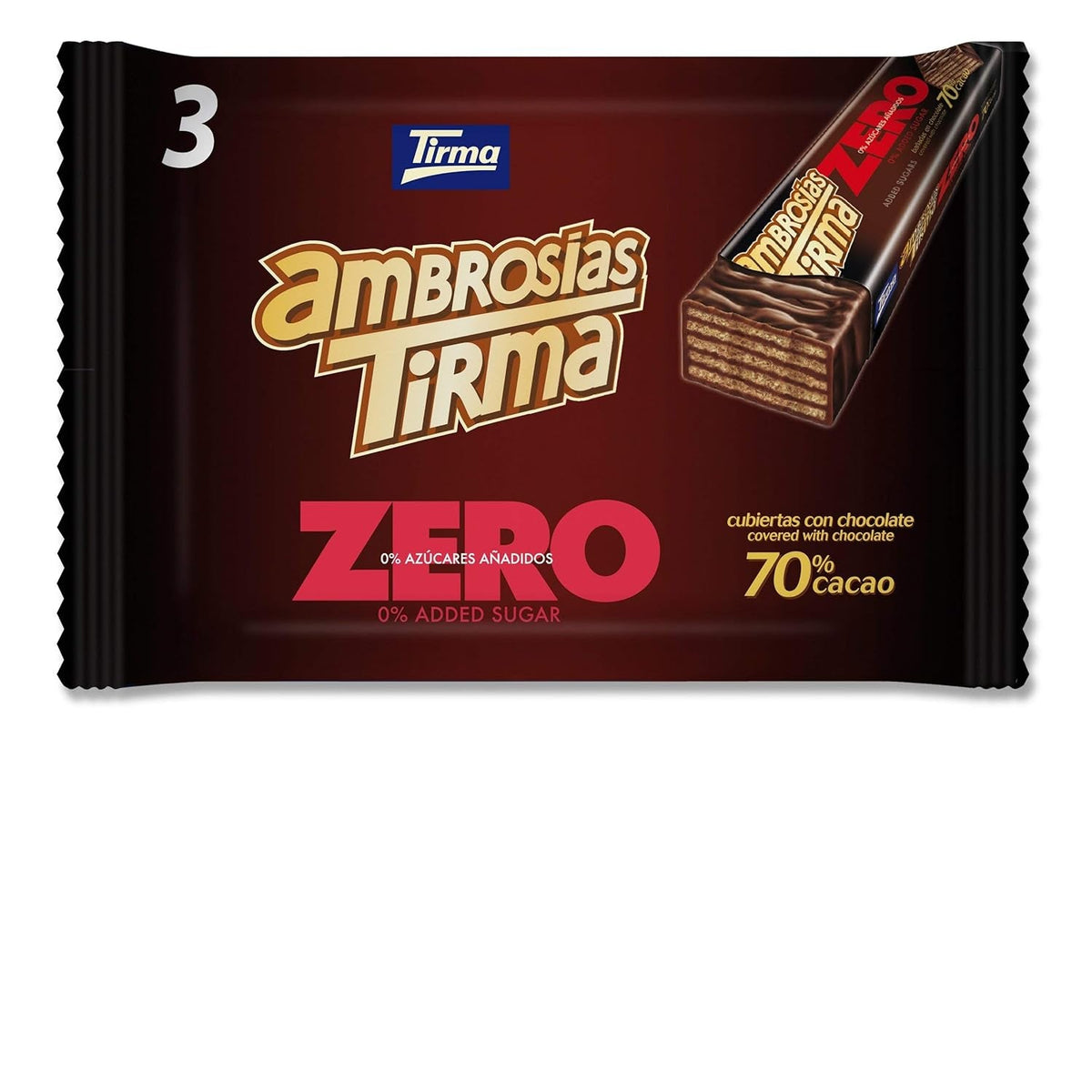Napolitane cu ciocolată neagră Tirma 70% cacao | Fără zahăr adăugat | Potrivite pentru dietele keto | Conținut scăzut de carbohidrați | Pentru diabetici | Pachet multiplu de napolitane cu ciocolată | 3 bucăți | 64,5 g