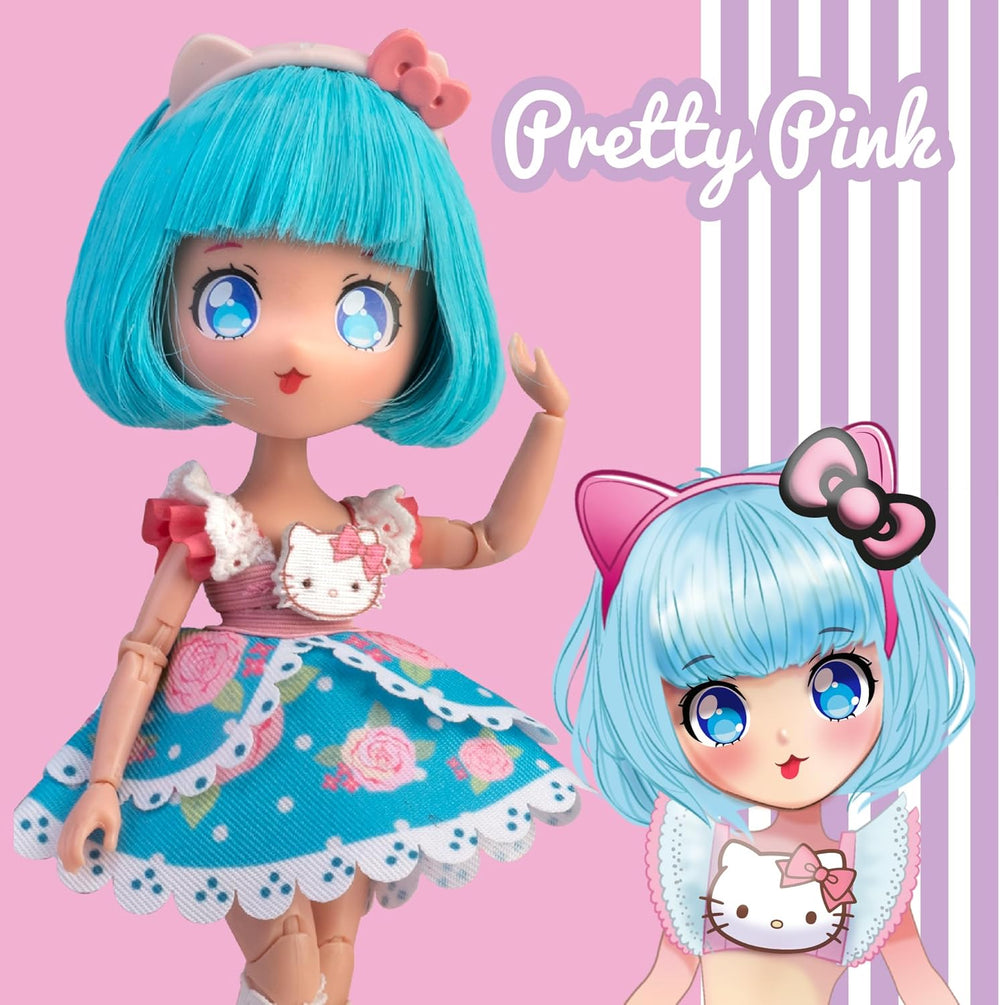 Manga Doll Pretty Pink, japanische Modepuppe mit modischen Designs, Manga, 19,5 cm Figur mit 15 Gelenkpunkten, blaues Haar, inklusive Zubehör, berühmt (HKTF0300)