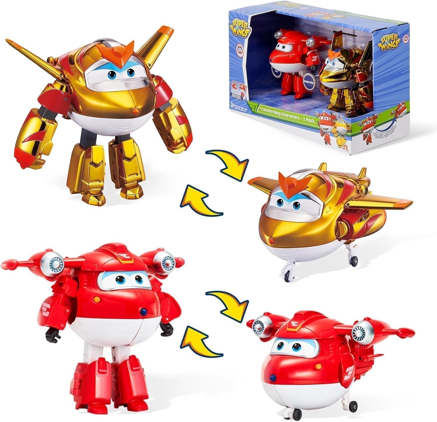 Auldey EU740283 Super Wings Transformer figura JETT Supercharge 12 cm, színes akciófigurák Naty Shop Jett Golden Boy