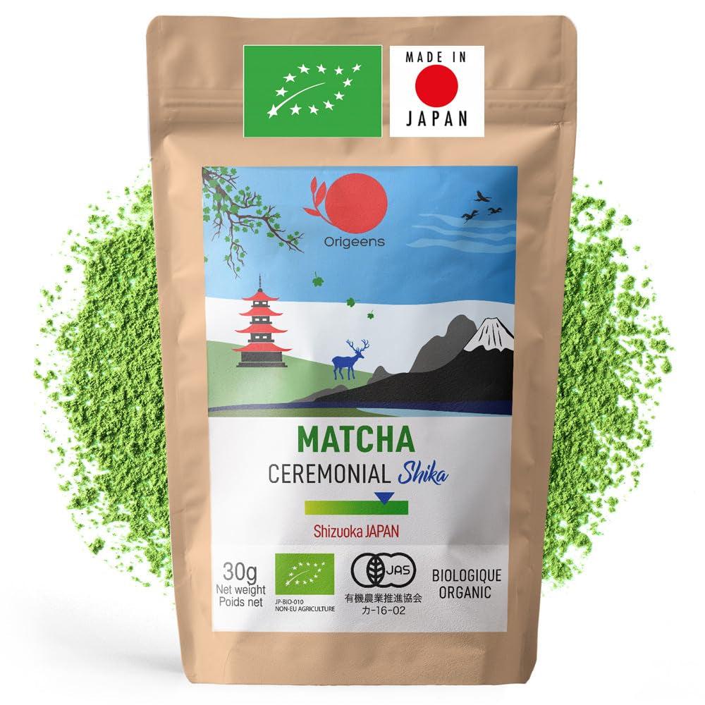 ORIGEENS BIO MATCHA CEREMONIAL GRADE „SHIKA” - Ceai japonez organic, provenit din Shizuoka - Matcha Latte/Usucha - Pliculeț de reumplere de 30 g - Ceai verde Matcha pulbere organic de calitate ceremonială