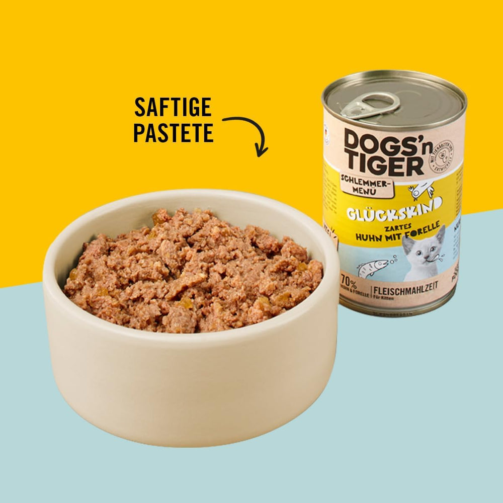 Dogs'n Tiger Schlemmermenü Glückskind, Nassfutter für Kätzchen, saftiges Huhn und Forelle - ohne Getreide, Zuckerzusatz, künstliche Konservierungsstoffe, optimale Verträglichkeit, 12x 200g