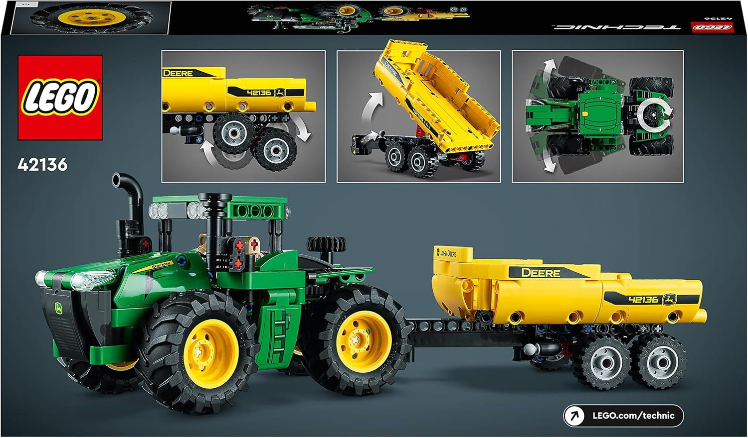 LEGO Technic John Deere 9620R 4WD traktor billenő utánfutóval Klasszikus mezőgazdasági játék gyerekeknek fiúknak és lányoknak 8 éves gyűjthető modellkészlet 42136 Építőkészlet Besuche den LEGO-Store