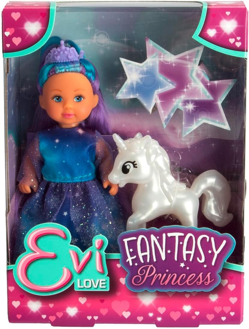 Simba Evi Prințesa Fantezie a Dragostei, păpușă într-o rochie de basm cu un unicorn strălucitor, păpușă de joacă de 12 cm, vârste 3+