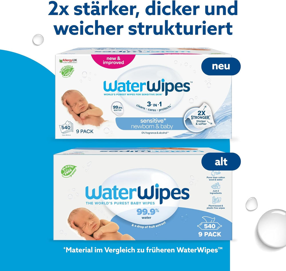 WaterWipes Sensitive+ nedves törlőkendő újszülötteknek és csecsemőknek, 540 db (9 csomag), 3 az 1-ben tisztítás, ápolás, védelem, 99,9% víz, illatmentes