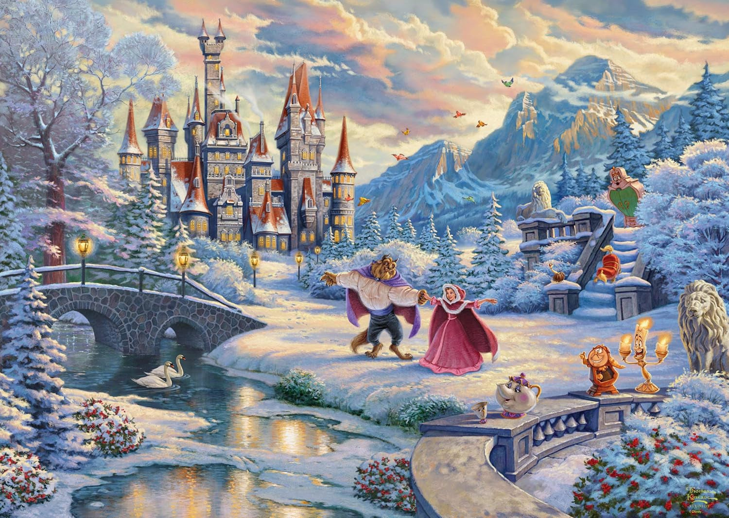 Schmidt Spiele 59671 Thomas Kinkade, Disney, Szépség és a Szörnyeteg, Varázslatos téli este, kirakós 1000 darabos Puzzle Naty Shop