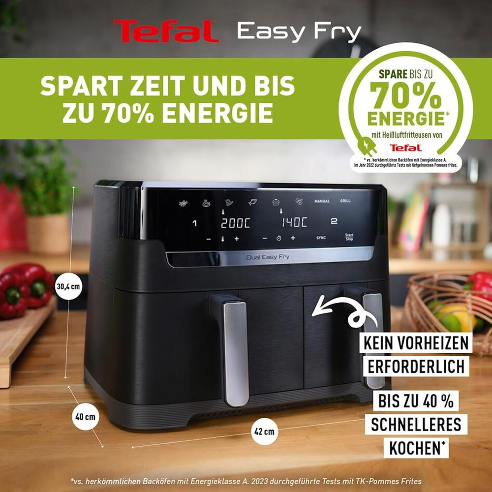 Tefal Dual Easy Fry Hot Air Fryer kétkamrás, 5,2/3,1 literes űrtartalommal, két független fiókkal, 7 programmal Háztartási gépek Naty Shop