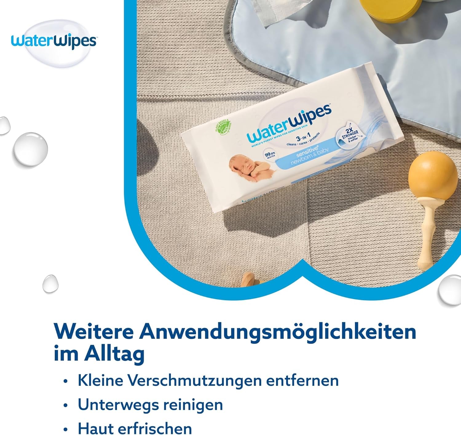 WaterWipes Sensitive+ Nedves törlőkendő újszülötteknek és csecsemőknek, 360 db (6 csomag), 3 az 1-ben Tisztítás, ápolás, védelem, 99,9% víz, illatmentes