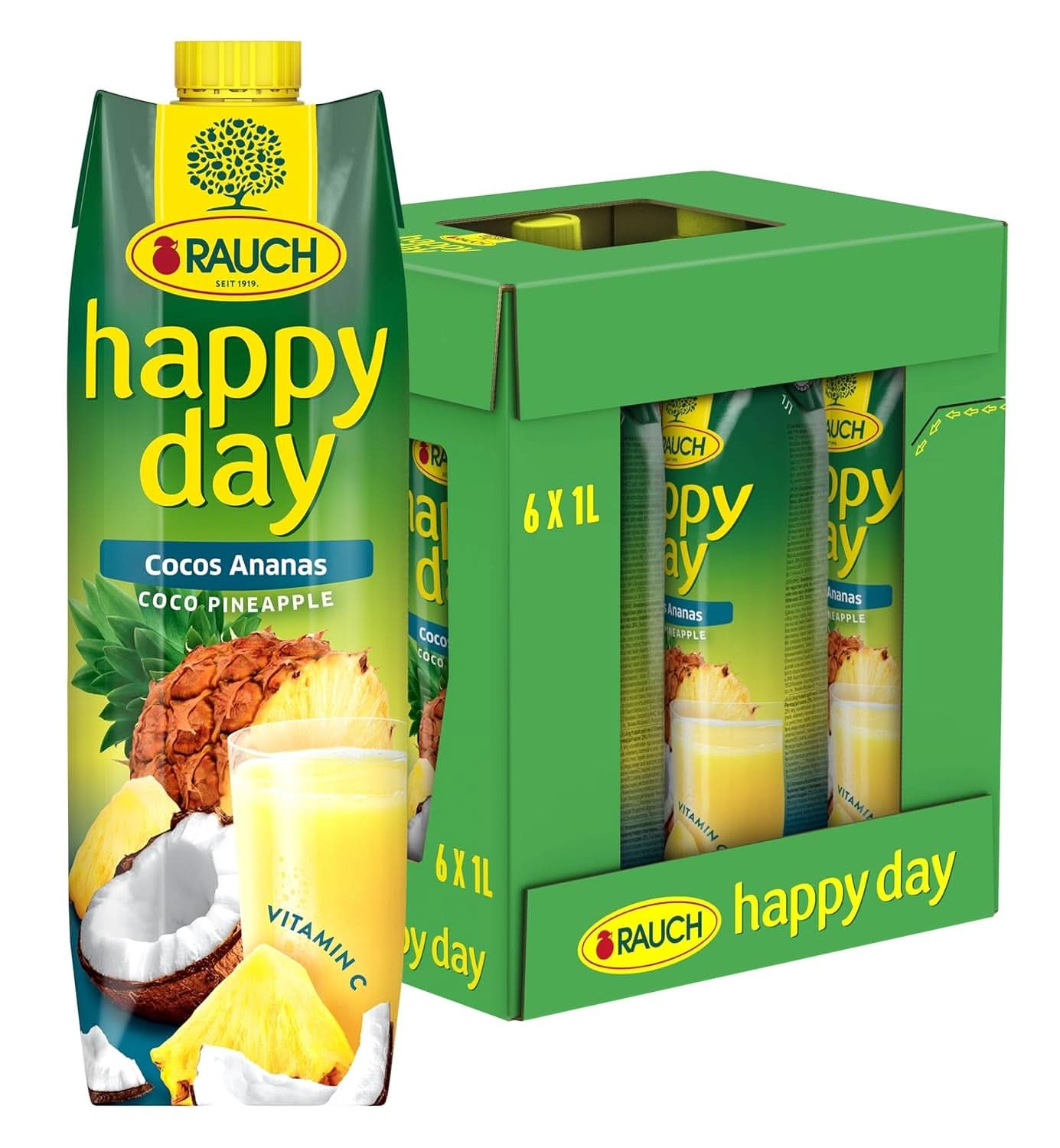 Rauch Happy Day Kókuszos-ananász | Utazás a karibi térségbe | Ananász gyümölcslé és kókuszvíz | 6 x 1 literes, Tetra Prisma Alkoholmentes italok Naty Shop