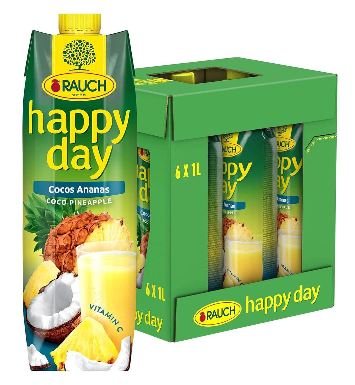 Rauch Happy Day Kókuszos-ananász | Utazás a karibi térségbe | Ananász gyümölcslé és kókuszvíz | 6 x 1 literes, Tetra Prisma Alkoholmentes italok Naty Shop