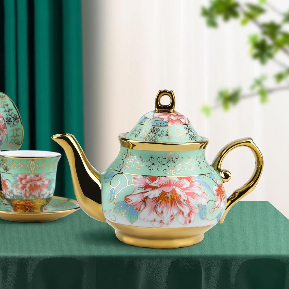 Set de ceai din ceramică cu suport metalic, set de ceai din porțelan cu 20 de piese cu motiv floral vintage, set de ceai în stil european pentru 6 persoane, ceașcă de ceai din ceramică de 160 ml, ceainic de 700 ml, pentru petreceri