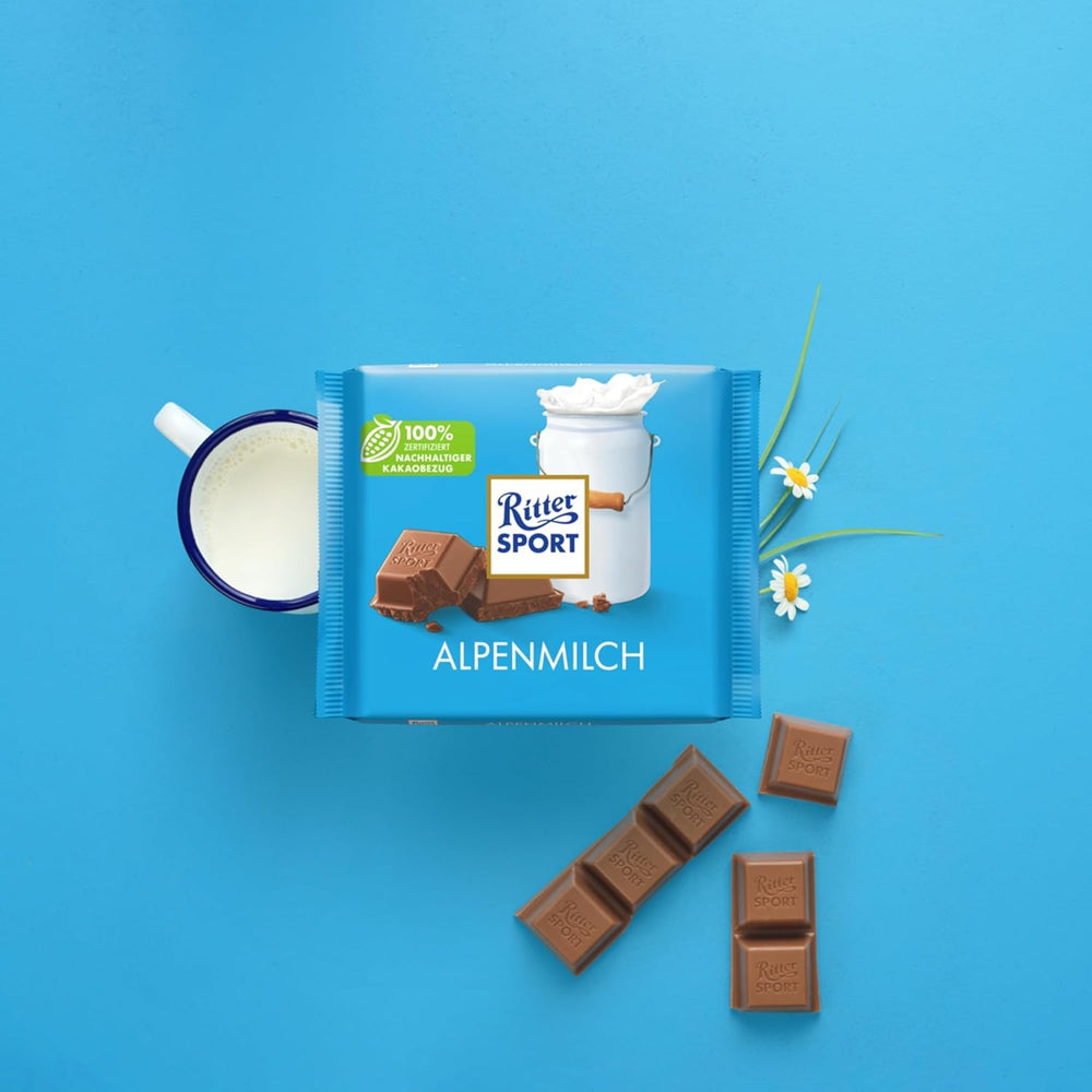 Ritter Sport 250 g alpesi tejcsokoládé, A legfinomabb teljes tejcsokoládé krémes ízzel, Klasszikus csokoládé, ossza meg barátaival, 11 tábla x 250 g