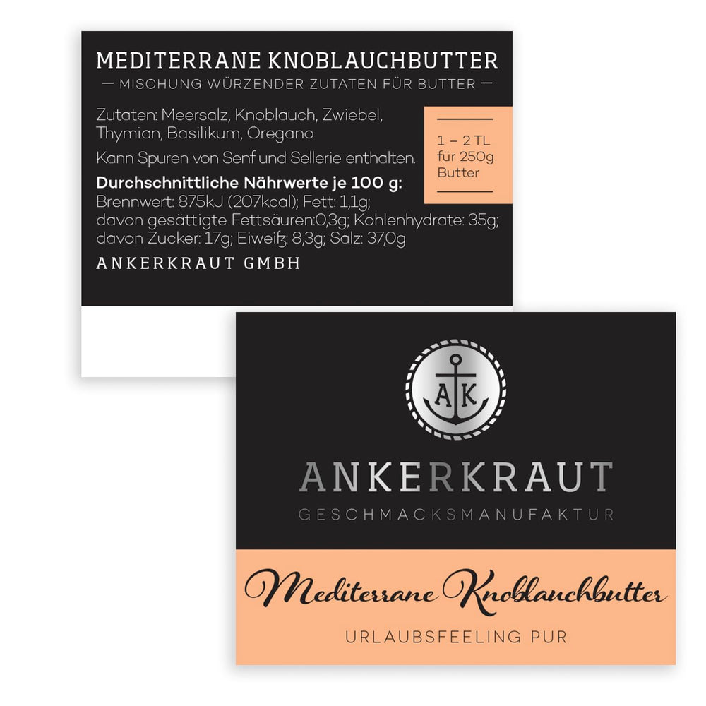 Ankerkraut mediterrán Knoblauchbutter Gewürz, 85 g parafa üvegben, Zuckerfrei, Würzige Ingredient für Butter, Ajándékötlet, Grill-Abend barátokkal és családdal, Premium Qualität Ohne Gesmackverstärker