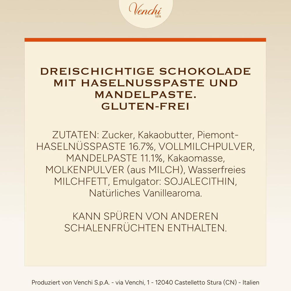 Venchi - Cremini 1878 - Háromrétegű gianduja csokoládé tej-mandula pasztával, "Piemontese Hazelnuts PGI", 1 kg, gluténmentes, színezék és tartósítószer nélkül