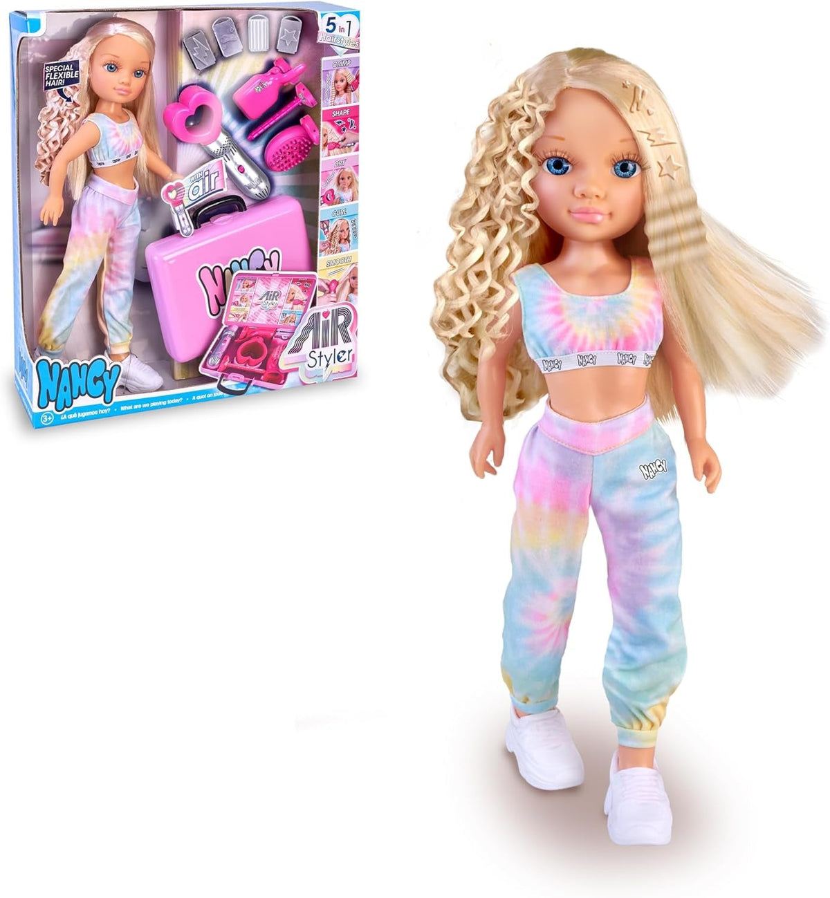 Air Styler Puppe mit Schönheitswerkzeug zum Stylen von Frisuren, fünf Formen der Haarformung: Trocknen, Bürsten, Locken, Glätten und Formen, biegsames Haar, ab 3 Jahren, berühmt (NAC73000)