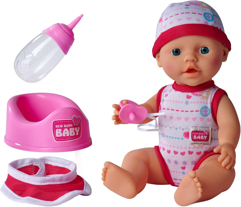 Simba 105037800 - New Born Babyset, 2-fach sortiert, es wird nur ein Artikel geliefert, Vollvinylpuppe mit Trink- und Nässfunktion, Pacifier, Flasche, Topf und Lätzchen, 30 cm, max 3 év