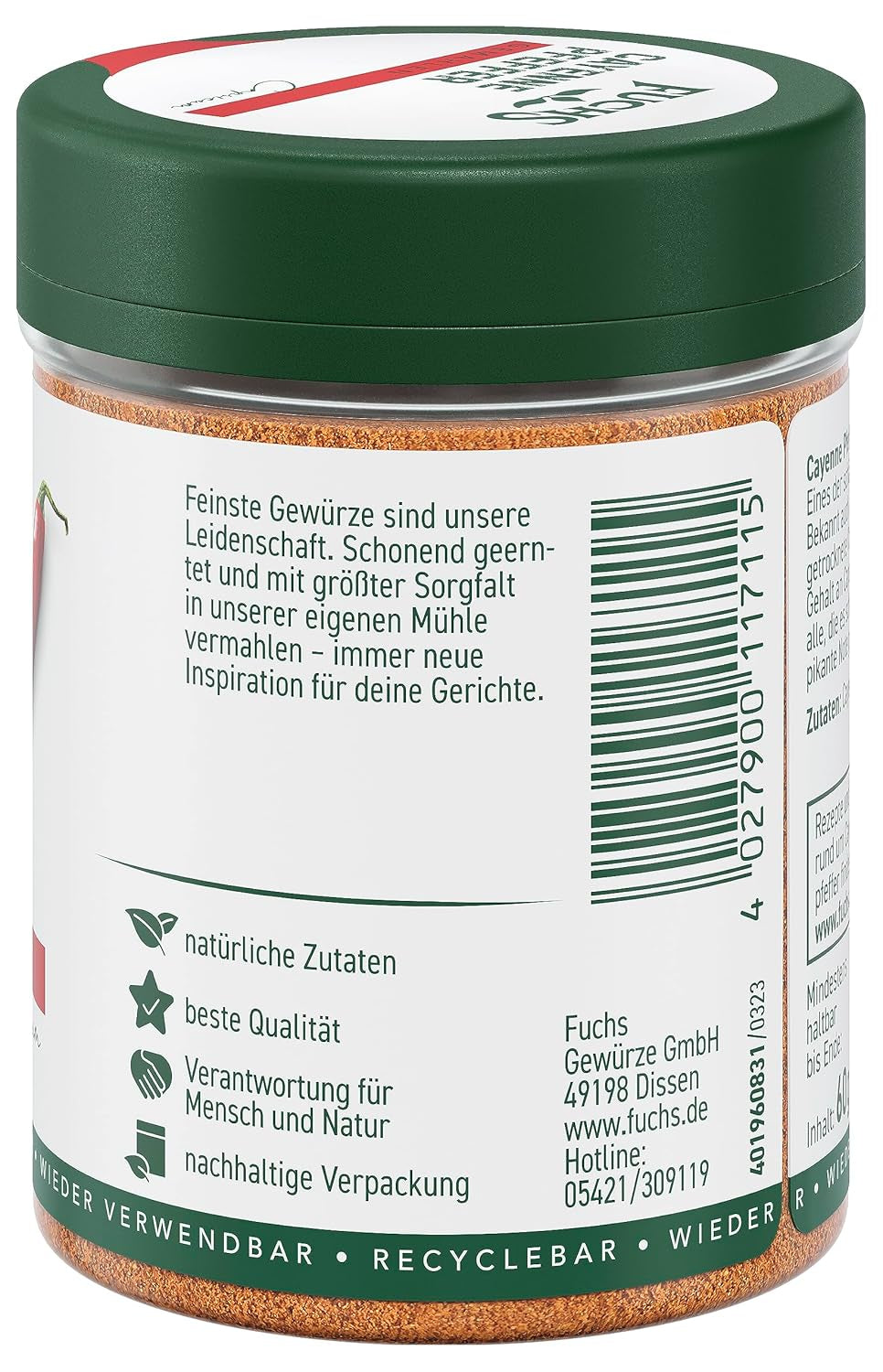 Fuchs Gewürze - Cayenne paprika gemahlen - einen scharfen Geschmack mindenféle ételhez - természetes összetevők - 60 g wiederverwendbarer, recyclebarer Dózis