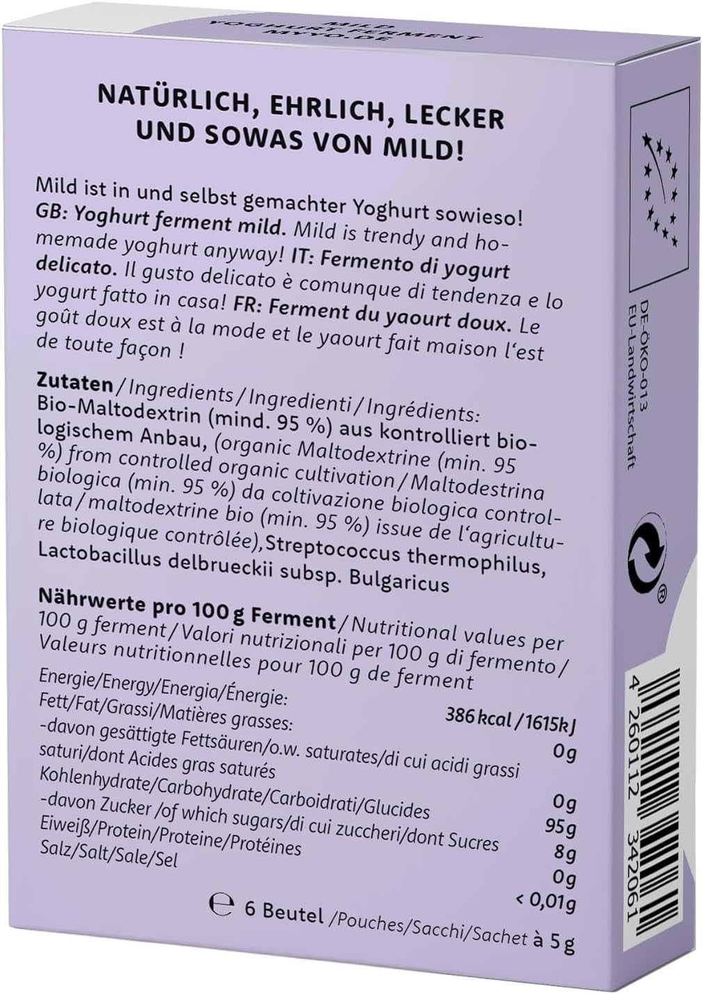 Bio Joghurtferment Mild | 6x5 gr | Joghurtkulturen für bis zu 30 L selbst gemachten mild Joghurt