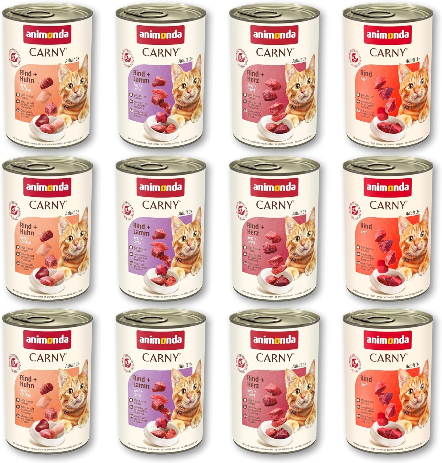 animonda Carny Adult Savory Variety (12 x 400 g), hrană umedă pentru pisici adulte, hrană umedă cu ingrediente 100% proaspete, din carne, fără cereale și fără zahăr