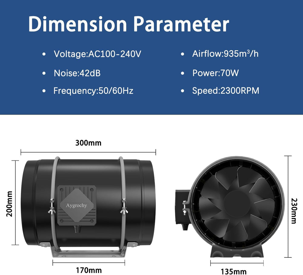 Aygrochy 200 mm-es 70 W-os, állítható csőventilátor EC motoros kipufogóventilátor fűtéshez, hűtéshez, nyomásfokozókhoz, termesztősátrakhoz, hidroponikához, háztartási, szellőztetéshez és kipufogóventilátorhoz.
